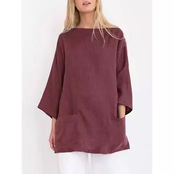 Весна Осень Свободная блузка с круглым вырезом Повседневная рубашка с карманами и рукавами семь четвертей для женщин S зелёный