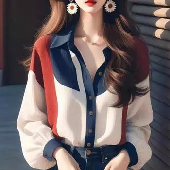 Весна Осень Свободная Элегантная Женская Рубашка Новая Винтажная Цветная Сшивка Длинный Рукав Блузка Офис Плюс Размер Повседневные Простые Топы Женская Одежда 2574 M