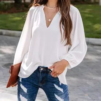 Весна Осень Свободная Повседневная Блузка для Женщин Модная Плюс Размер Длинный Рукав Элегантная Рубашка V-образный Вырез Женские Винтажные Плиссированные Простые Офисные Леди Топы 24679 S белый