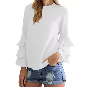 Весна-Осень, свободная простая рубашка с круглым вырезом, женская повседневная многослойная женская блузка с рюшами и длинными рукавами, винтажные облегающие элегантные топы 30342 XS темно-синий