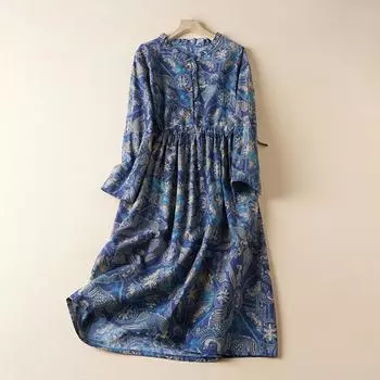 Весна Осень Свободный Плюс Размер Талия Утягивающее Длинные Рукава Цветочное Платье Для Женщин Повседневные Платья M розовый/зелёный