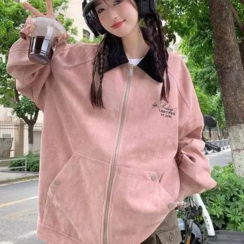 Весна Осень Свободный Покрой Рабочая Куртка Женская Розовая Бейсбольная Куртка M розовый