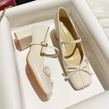 Весна Осень Толстые каблуки Женские Туфли Мэри Джейн Модные Туфли Бабочка-Узлы Женские Элегантные Туфли-лодочки Для Свадебной Вечеринки 35