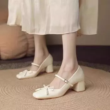 Весна Осень Толстые каблуки Женские Туфли Мэри Джейн Модные Туфли Бабочка-Узлы Женские Элегантные Туфли-лодочки Для Свадебной Вечеринки 35 бежевый