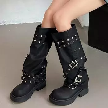 Весна/осень, толстый каблук, элегантные металлические сексуальные модные сапоги до середины икры, новые повседневные однотонные удобные женские туфли с пряжкой 35