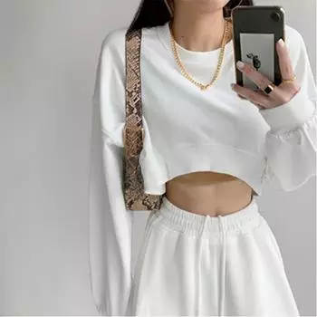 Весна-Осень, тонкая повседневная однотонная толстовка большого размера, короткая толстовка с длинными рукавами, женские укороченные топы с круглым вырезом и длинными рукавами y2k, уличная одежда, женские белые толстовки M белый