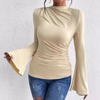 Весна Осень Тонкие плиссированные расклешенные рукава Повседневные женские футболки Элегантная футболка с воротником-стойкой Slim Fit Женская одежда Простые винтажные базовые футболки 26146 S чёрный