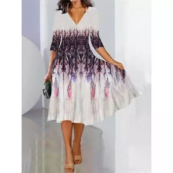 Весна Осень Трикотажное Свободное Платье С V-образным Вырезом и Принтом Цифрового Позиционирования S