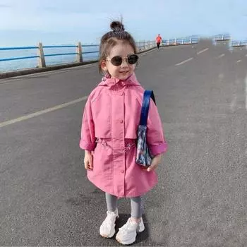 Весна Осень Убирающиеся Толстовки Для Девочек Ветровка Куртка Пальто Длинный Стиль Талия Плюс Размер 160 розовый