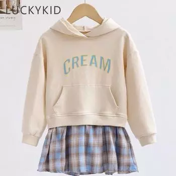 Весна-Осень, юбки с капюшоном и длинными рукавами для девочек, костюмы в клетку, детские клетчатые платья с капюшоном, детские повседневные плиссированные юбки 130