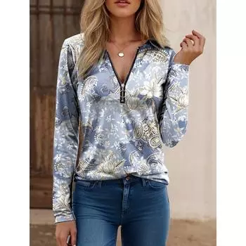 Весна Осень Уличные модные свободные футболки с цветочным принтом на молнии большого размера из хлопковых смесей с длинным рукавом женские футболки S