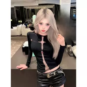 Весна Осень Уличный Стиль Ажурная Тонкая Футболка Женская Длинный Рукав Универсальный Пуловер Топ Женская Сексуальная Модная Футболка S чёрный