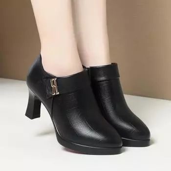 Весна Осень Универсальные Мягкие Кожаные Туфли Женские Элегантные Глубокие Шпильки Каблуки Офисные Деловые Платформы Водонепроницаемые Туфли 34(Foot22cm)