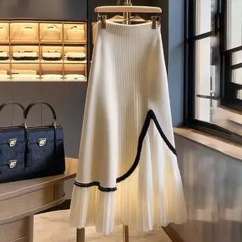 Весна Осень Утолщенные Юбки Женская Одежда Лоскутное Вязание Туника Темперамент Плиссированная Юбка XXXL бежевый