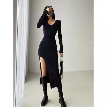 Весна-осень, V-образный вырез, длинный рукав, платье-свитер, женское, с разрезом по бокам, с высокой талией, повседневное, вечернее, повседневное платье, модное, элегантное, облегающее, с запахом, на бедрах, трикотажное платье 2739 One Size чёрный