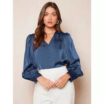 Весна Осень V-образный вырез пуловер с длинными рукавами топ модная рубашка женская цветная атласная дорожная блузки и рубашки XS розовый