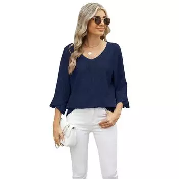 Весна Осень V-образный вырез ромб сетка ажурный жаккард расклешенный рукав свободный женский пуловер футболка блузка топ S темно-синий