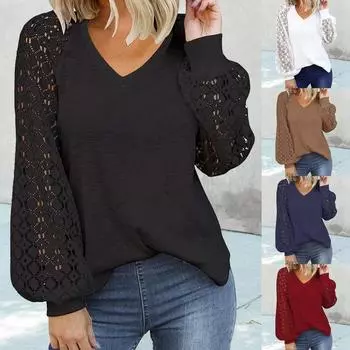 Весна Осень V-образный вырез с длинными рукавами кружевной пэчворк свободный топ для женщин Футболки женские S чёрный