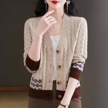 Весна Осень V-образный вырез свитер куртка женская жаккардовая верхняя одежда топ женский карман свободный вязаный кардиган One Size бордовый