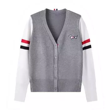 Весна Осень V-образный вырез трикотажные вышитые свитер пальто куртка женская мода контрастного цвета с длинным рукавом джемперы One Size чёрный