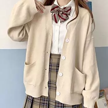 Весна Осень V-образный вырез трикотажный хлопок JK Uniform кардиган женский