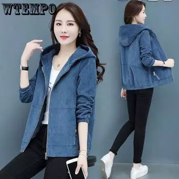 Весна Осень Вельветовое Пальто 4XL Женское Средней Длины Куртка С Капюшоном Свободное Повседневное Женское Пальто На Молнии M