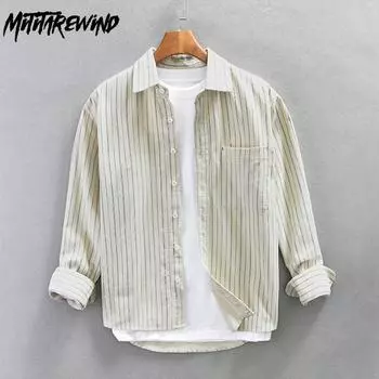 Весна Осень Вельветовые мужские рубашки в японском стиле Повседневная повседневная рубашка с длинным рукавом в полоску Чистый хлопок Свободный топ Винтажная мужская одежда M легкие хаки