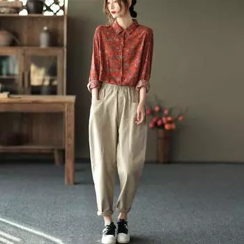 Весна Осень Винтаж Искусство Цветочный Длинные Рукава Чистый Хлопок Рубашка Для Женщин Повседневный Универсальный Свободный Хлопок Конопляный Топ M оранжевый