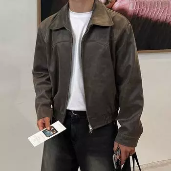 Весна Осень Винтаж Легкая Потертая Стираная Коричневый Кожаная Куртка Мужская Молния Повседневная Корейская Модная Одежда XXL коричневый