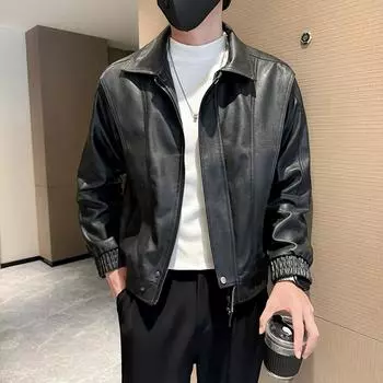 Весна Осень Винтаж Легкая Состаренная Черная Серая Кожаная Куртка Мужская Молния Повседневная Корейская Модная Пальто 2XL серый