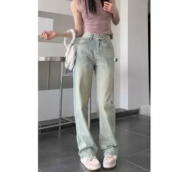 Весна Осень Винтаж Уличная одежда Высокая талия Свободные узкие прямые брюки Минималистичные синие джинсы Ретро потертые широкие джинсы для женщин XXXXL синий