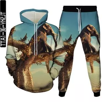 Весна Осень Винтаж Животных Слон Обезьяна 3D Принт Повседневный Костюм Мужчины Женщины Спортивная Толстовка С Длинным Рукавом + Брюки 2 Шт. Комплект Размер S-6XL 5XL