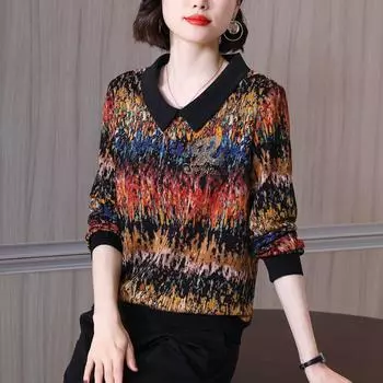 Весна Осень Винтажная Расписанная вручную Блузка Контрастных Цветов Длинный Рукав Модный Воротник Питер Пэн Свободная Лоскутная Рубашка Ромбы XXXXL разноцветный