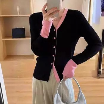 Весна Осень Вязаный Кардиган Девочки Лоскутный Длинный Рукав Свитер Кардиган Топ Женщин Контрастные Цвета Трикотажные Рубашки One Size чёрный/розовый