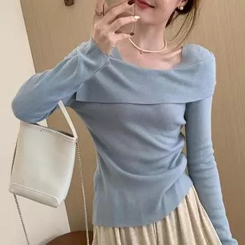 Весна Осень Вязаный Пуловер Женский Свитер Одно слово Плечо Вязаная Нижняя Рубашка Тонкий и Тонкий Длинный Рукав Внутренний Верхний Свитер Одежда 2580 One Size синий