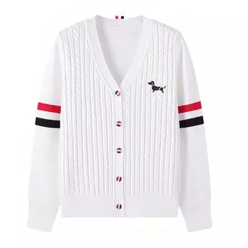 Весна Осень Вышивка Собака Вязаный Свитер Пальто Куртка Женская Мода Длинный Рукав Однобортный Джемпер One Size белый