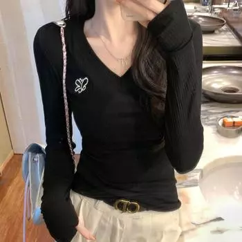 Весна Осень Вышивка Тонкие Пуловеры Футболка Женская Харадзюку Повседневные Длинные Рукава V-образный вырез Футболки Женские Базовые Футболки Черные Топы S