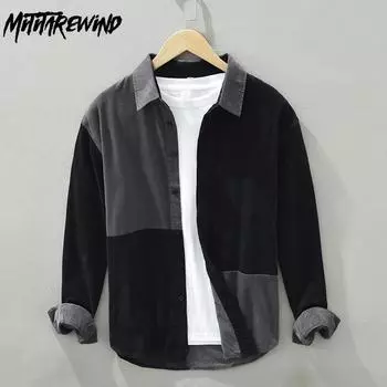 Весна/осень вельветовые рубашки с длинным рукавом для мужчин молодежный уличный стиль трендовая свободная рубашка рубашка из чистого хлопка в стиле пэчворк повседневный топ M серый