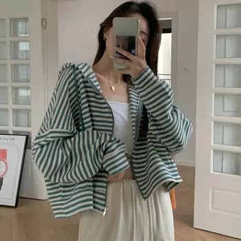 Весна-Осень, винтажная полоска на молнии, женские толстовки в корейском стиле для девочек, топ с длинным рукавом, негабаритная толстовка с капюшоном, куртка, повседневные короткие пальто XXL