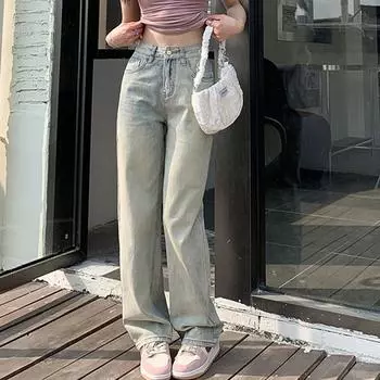 Весна-осень, высокая талия, свободные узкие прямые брюки, минималистичные синие джинсы, ретро-рваные широкие джинсы для женщин XXL синий