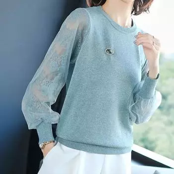 Весна Осень Яркая шелковая трикотажная рубашка для женщин Однотонный цвет кружевной пряжи рукава круглый вырез пуловер тонкий свитер женский праймер one size белый