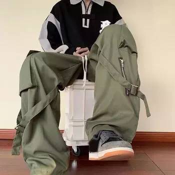 Весна Осень Зеленые Брюки Карго Мужские Большие Рабочие Брюки На Молнии Для Мужчин Брюки Карго Мужская Уличная Одежда Хип-Хоп Карман Свободная Повседневная Рабочая Одежда XXXXXL чёрный