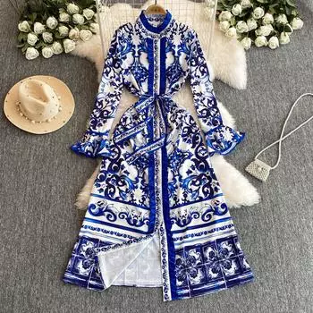 Весна-Осень, желтый, красный, синий и белый фарфоровый халат с принтом, женские вечерние платья с расклешенными рукавами и поясом на шнуровке M жёлтый