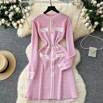 Весна Осень Женщины Элегантный О-образный вырез Вязаный свитер Офис Вечеринка Принт Пуловер Короткие платья One Size синий