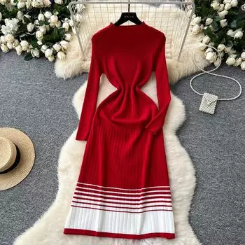 Весна Осень Женщины Элегантный О-образный вырез Полосатый вязаный свитер Длинный миди пуловер платья One Size красный