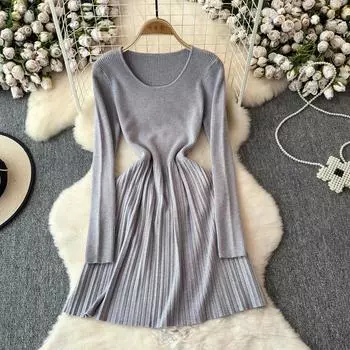 Весна Осень Женщины Твердый Вязаный Свитер Джемпер Плиссированные Платья One Size чёрный
