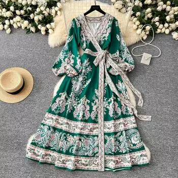 Весна Осень Женщины V-образный вырез Плюс Размер Винтажный принт Фонари рукава шнуровка Праздничные платья для вечеринок Халат S зелёный