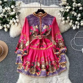 Весна Осень Женщины Винтаж Дизайнерский Принт Подиум Платье Фонарики Рукава Воротник Стойка Платья Для Вечеринок С Поясом M розы красного