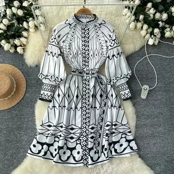 Весна Осень Женщины Винтаж Дизайнерский Принт Подиум Платье Фонарики Рукава Воротник Стойка Платья Для Вечеринок S белый