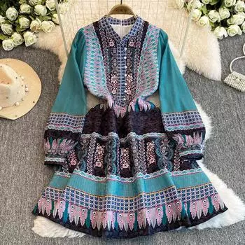 Весна Осень Женщины Винтаж Дворцовый Принт Подиум Платье Длинный Рукав Мини Короткие Платья Для Вечеринок S